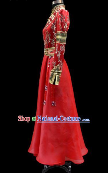 Traditional Chinese Mongol Ethnic National Red Long Dress Mongolian Minority Folk Dance Costume for Women