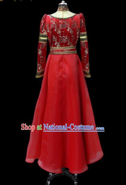 Traditional Chinese Mongol Ethnic National Red Long Dress Mongolian Minority Folk Dance Costume for Women