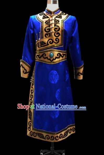 Chinese Traditional Mongol Ethnic National Royalblue Brocade Robe Mongolian Minority Folk Dance Costume for Men