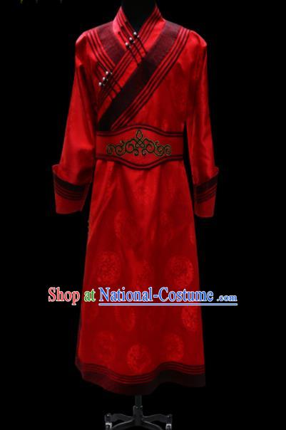 Chinese Traditional Mongol Ethnic National Red Brocade Robe Mongolian Minority Folk Dance Costume for Men