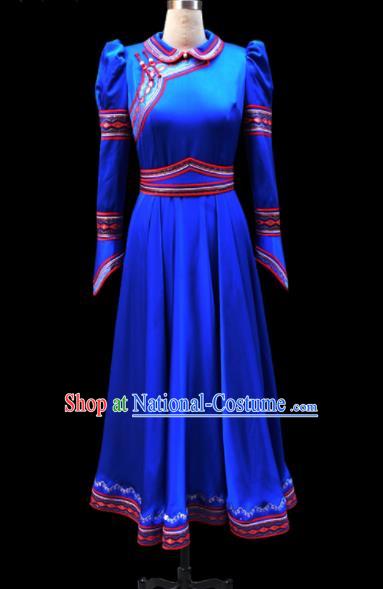 Traditional Chinese Mongol Ethnic National Royalblue Silk Dress Mongolian Minority Folk Dance Costume for Women