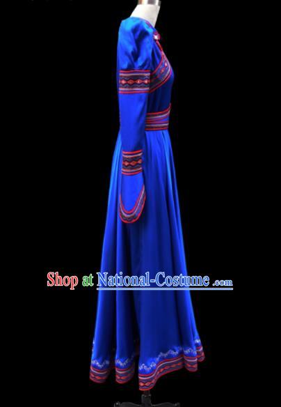 Traditional Chinese Mongol Ethnic National Royalblue Silk Dress Mongolian Minority Folk Dance Costume for Women