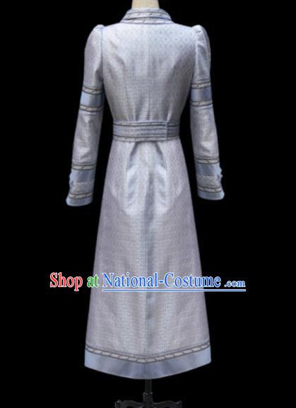 Traditional Chinese Mongol Ethnic National Grey Silk Dress Mongolian Minority Folk Dance Costume for Women