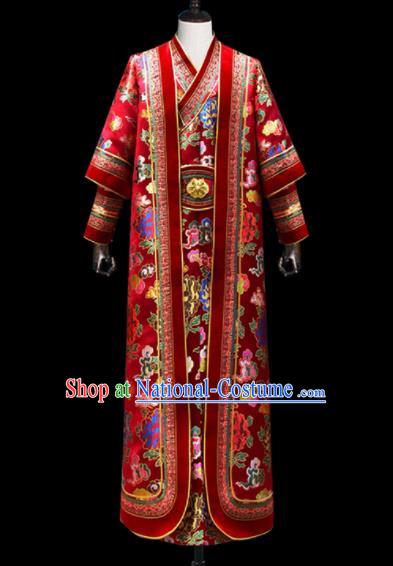 Chinese Traditional Mongol Ethnic National Wedding Red Brocade Robe Mongolian Minority Folk Dance Costume for Men