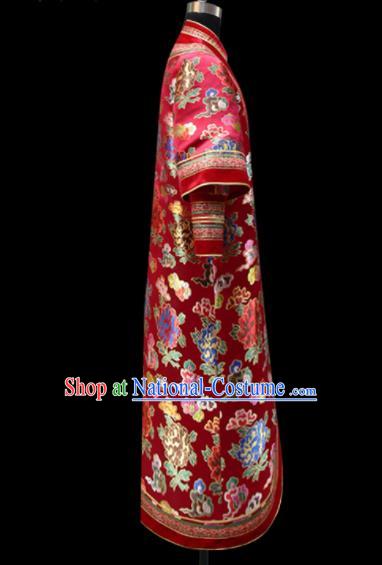 Chinese Traditional Mongol Ethnic National Wedding Red Brocade Robe Mongolian Minority Folk Dance Costume for Men