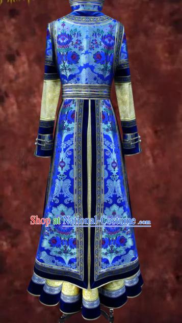 Traditional Chinese Mongol Ethnic National Royalblue Brocade Dress Mongolian Minority Folk Dance Costume for Women