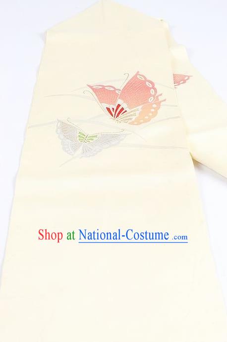 Japanese Traditional Kimono Butterfly Pattern Beige Belt Asian Japan National Yukata Brocade Waistband for Women