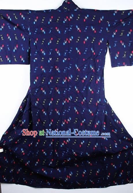 Japanese Traditional Deep Blue Furisode Kimono Asian Japan National Yukata Dress Costume for Women