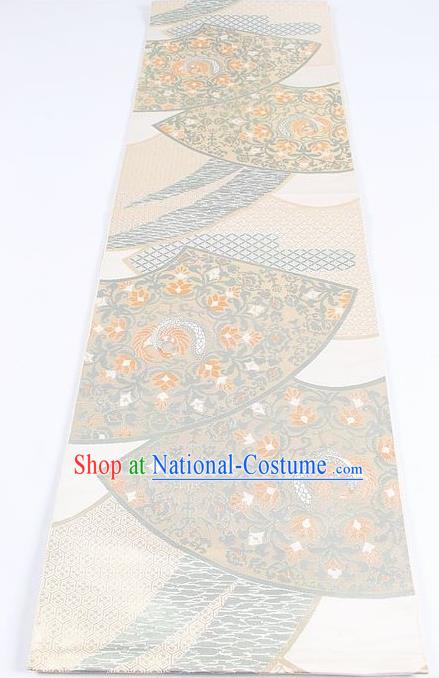 Japanese Traditional Kimono Classical Crane Pattern White Brocade Belt Asian Japan National Yukata Waistband for Women