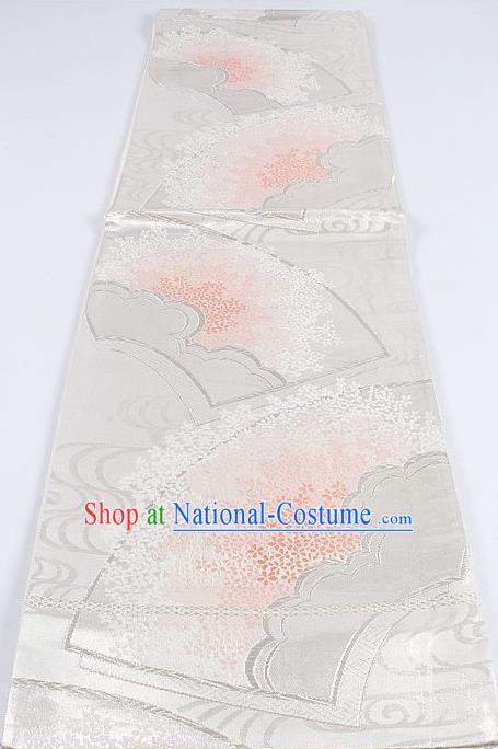 Japanese Traditional Kimono Classical Sakura Pattern White Brocade Belt Asian Japan National Yukata Waistband for Women