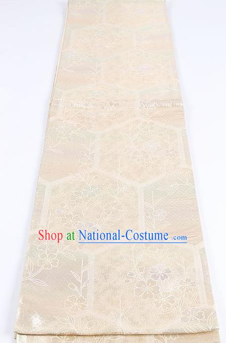 Japanese Traditional Kimono Classical Sakura Pattern Beige Brocade Belt Asian Japan National Yukata Waistband for Women