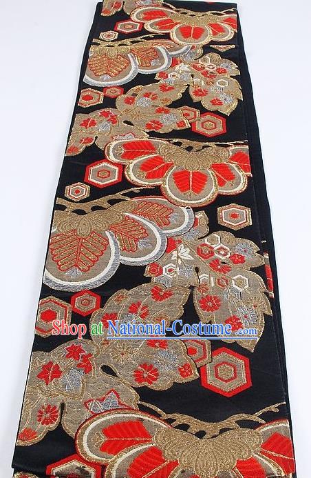 Japanese Traditional Kimono Classical Pattern Black Brocade Belt Asian Japan National Yukata Waistband for Women