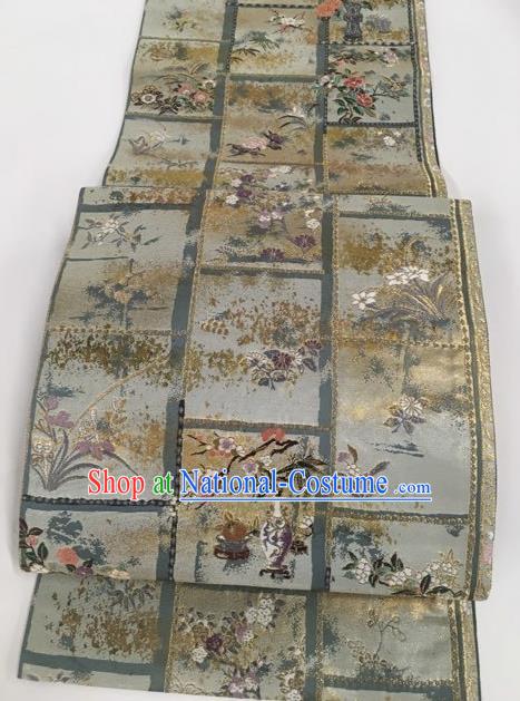 Japanese Traditional Kimono Classical Orchid Pattern Grey Brocade Belt Asian Japan National Yukata Waistband for Women