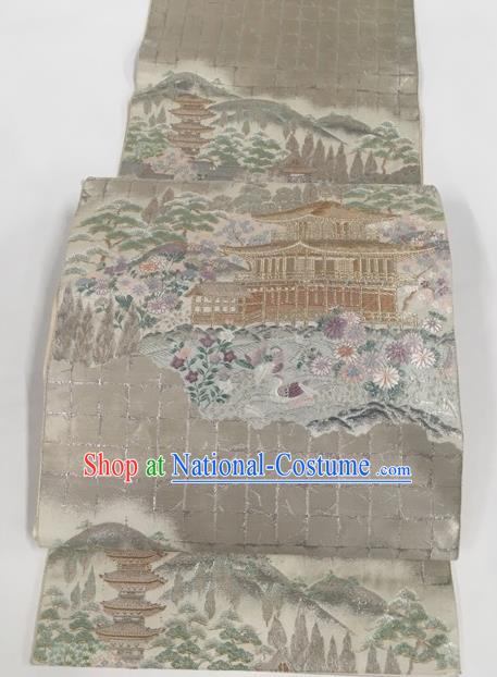 Japanese Traditional Kimono Classical Chrysanthemum Pattern Grey Brocade Belt Asian Japan National Yukata Waistband for Women