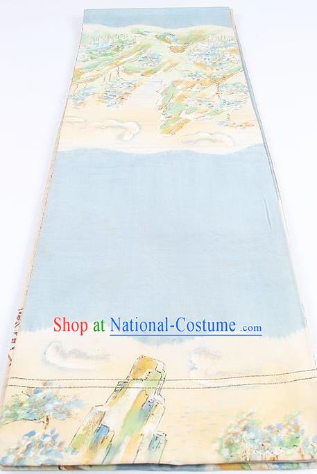 Japanese Traditional Kimono Classical Landscape Pattern Blue Brocade Belt Asian Japan National Yukata Waistband for Women