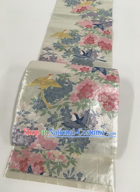 Japanese Traditional Kimono Classical Flowers Bird Pattern White Brocade Belt Asian Japan National Yukata Waistband for Women