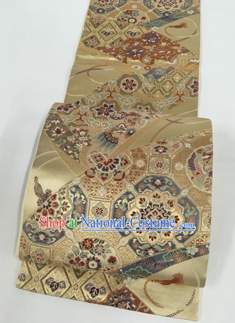 Japanese Traditional Kimono Classical Sakura Pattern Golden Brocade Belt Asian Japan National Yukata Waistband for Women