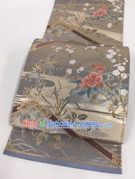 Japanese Traditional Kimono Classical Orchid Pattern Grey Brocade Belt Asian Japan National Yukata Waistband for Women