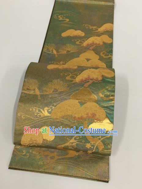 Japanese Traditional Kimono Classical Tree Pattern Green Brocade Belt Asian Japan National Yukata Waistband for Women