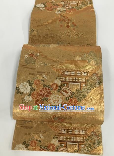 Japanese Traditional Kimono Classical Chrysanthemum Pattern Golden Brocade Belt Asian Japan National Yukata Waistband for Women