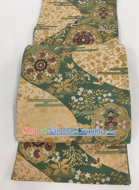 Japanese Kimono Classical Flowers Pattern Green Brocade Belt Asian Japan Traditional National Yukata Waistband for Women