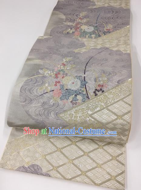 Japanese Kimono Classical Chrysanthemum Pattern White Brocade Belt Asian Japan Traditional National Yukata Waistband for Women