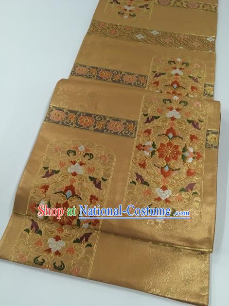 Japanese Kimono Classical Flowers Pattern Golden Brocade Belt Asian Japan Traditional National Yukata Waistband for Women