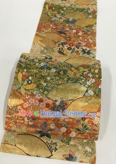 Japanese Kimono Classical Butterfly Flowers Pattern Golden Brocade Belt Asian Japan Traditional National Yukata Waistband for Women