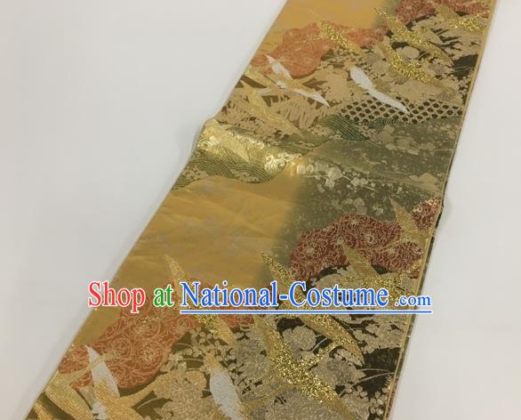 Japanese Kimono Classical Cranes Pattern Golden Brocade Belt Asian Japan Traditional National Yukata Waistband for Women