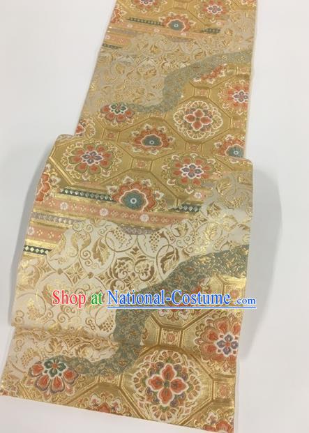 Japanese Kimono Classical Flowers Pattern Golden Brocade Belt Asian Japan Traditional National Yukata Waistband for Women