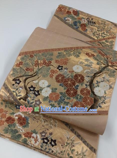 Japanese Kimono Classical Chrysanthemum Pattern Khaki Brocade Belt Asian Japan Traditional National Yukata Waistband for Women