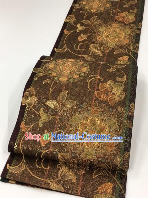 Japanese Kimono Classical Pattern Brown Brocade Belt Asian Japan Traditional National Yukata Waistband for Women