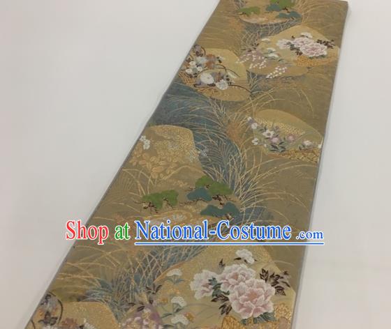 Japanese Kimono Classical Peony Pattern Khaki Brocade Belt Asian Japan Traditional National Yukata Waistband for Women