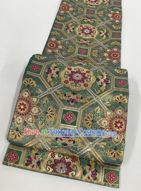 Japanese Kimono Classical Pattern Green Brocade Belt Asian Japan Traditional National Yukata Waistband for Women