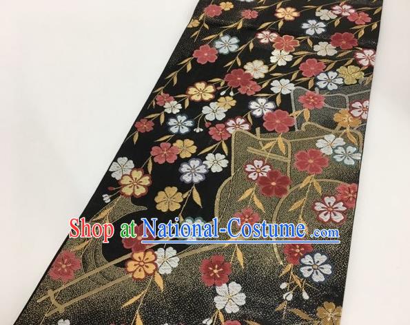 Japanese Kimono Classical Sakura Pattern Black Brocade Belt Asian Japan Traditional National Yukata Waistband for Women