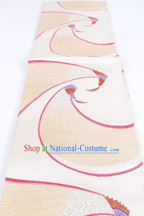 Japanese Traditional Kimono Classical Fan Pattern Beige Brocade Belt Asian Japan National Yukata Waistband for Women