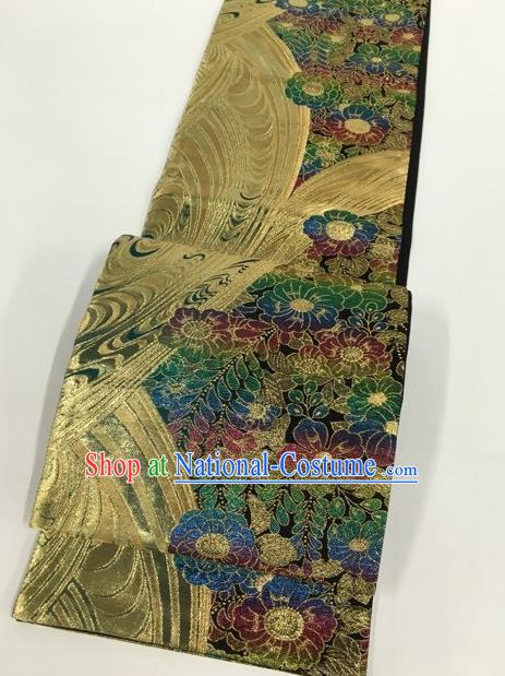 Japanese Kimono Classical Camellia Pattern Green Brocade Belt Asian Japan Traditional National Yukata Waistband for Women