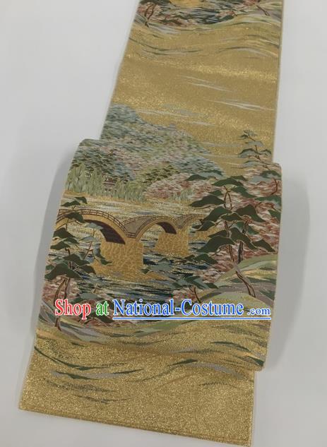 Japanese Kimono Classical Bridge Pattern Golden Brocade Belt Asian Japan Traditional National Yukata Waistband for Women