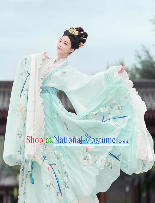 Ancient Chinese Jin Dynasty Embroidered Replica Costume Traditional Imperial Consort Goddess Green Hanfu Dress for Women