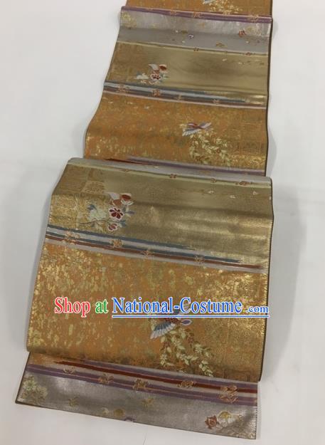 Japanese Kimono Classical Birds Pattern Golden Brocade Belt Asian Japan Traditional National Yukata Waistband for Women