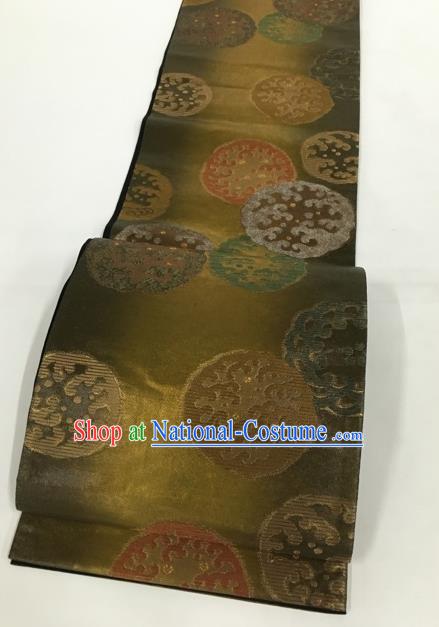 Japanese Kimono Classical Pattern Olive Green Brocade Belt Asian Japan Traditional National Yukata Waistband for Women