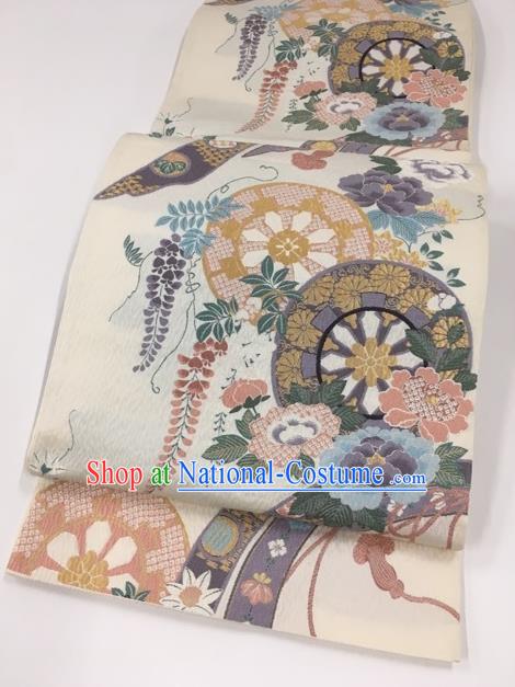 Japanese Kimono Classical Chrysanthemum Pattern White Brocade Belt Asian Japan Traditional National Yukata Waistband for Women