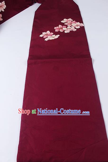 Japanese Ceremony Kimono Classical Flowers Pattern Design Wine Red Brocade Belt Asian Japan Traditional Yukata Waistband for Women