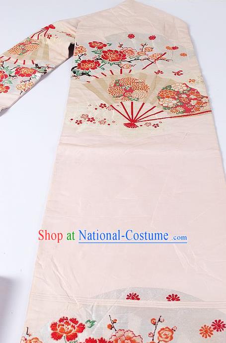 Japanese Ceremony Kimono Classical Peony Fan Pattern Design Beige Brocade Belt Asian Japan Traditional Yukata Waistband for Women