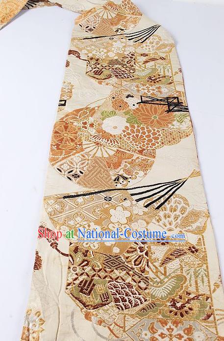 Japanese Ceremony Kimono Classical Fan Pattern Design Beige Brocade Belt Asian Japan Traditional Yukata Waistband for Women