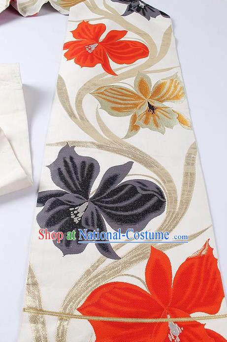 Japanese Ceremony Kimono Classical Lily Flowers Pattern Design White Brocade Belt Asian Japan Traditional Yukata Waistband for Women