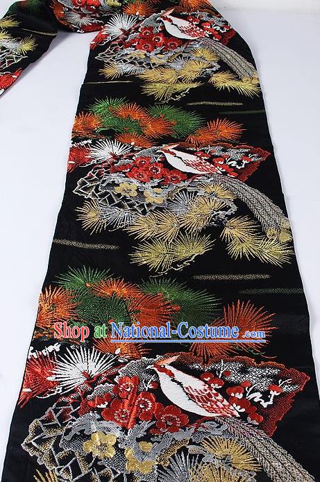 Japanese Kimono Classical Pine Pattern Design Black Brocade Belt Asian Japan Traditional National Yukata Waistband for Women