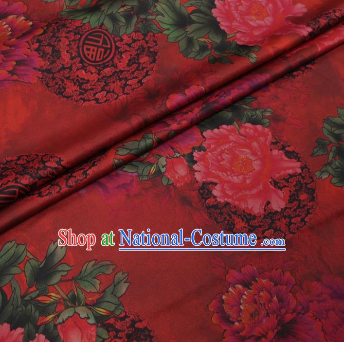 Traditional Chinese Red Gambiered Guangdong Gauze Silk Fabric Classical Peony Pattern Design Brocade Fabric Asian Satin Material