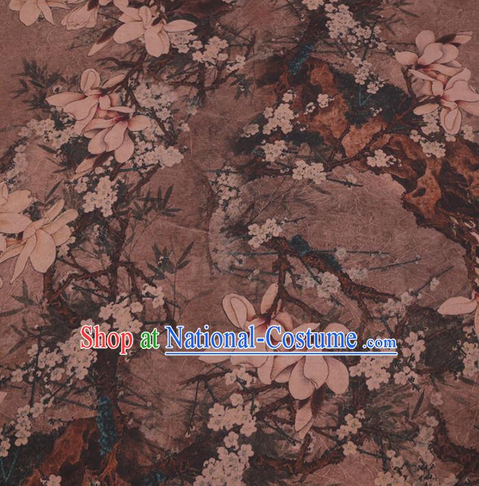 Traditional Chinese Gambiered Guangdong Gauze Silk Fabric Classical Magnolia Pattern Design Brocade Fabric Asian Satin Material