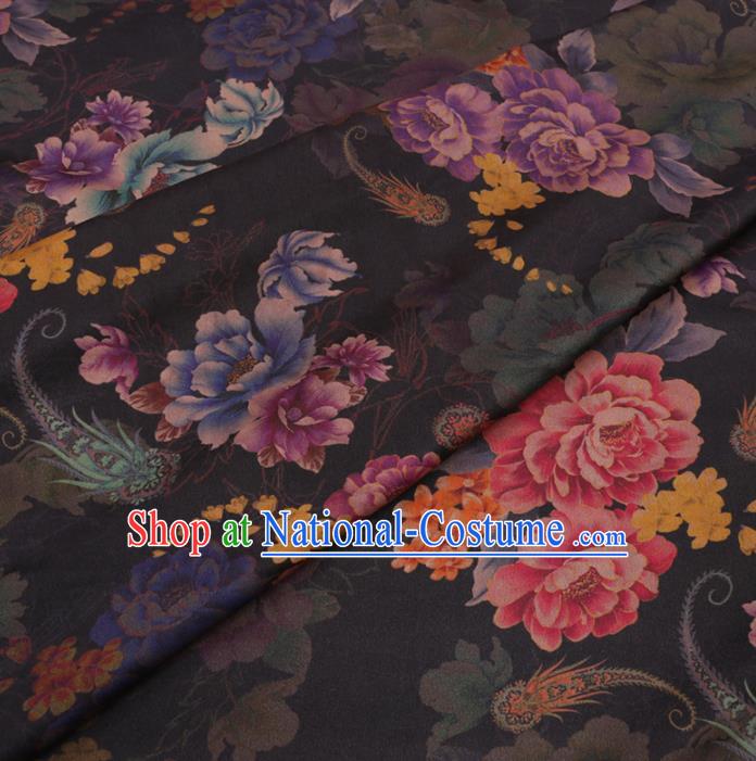 Traditional Chinese Black Gambiered Guangdong Gauze Classical Peony Pattern Design Silk Fabric